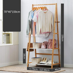 Bamboo Clothes <strong>Hanging</strong> Wooden <strong>Coat</strong> Hanger Rack <strong>Stand</strong> with Shelf - Product Image 2
