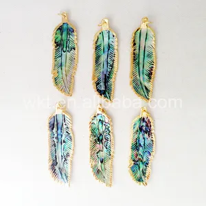 WT-P816 Hot sale Handmade pendant carved sea shell Abalone feather pendant with 18k gold plated trim Natural shell pendant