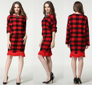 Último vestido de cuadros rojos patrones señoras suéter de lana de la falda conjunto - Product Image 2