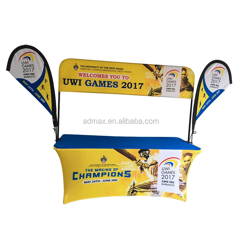 Tafelblad Hoofd Banner Frame Voor 6ft 8ft Custom Vakbeurs Gedrukt Logo Gemonteerd Stretch Spandex Tafelhoes Voor Reclame