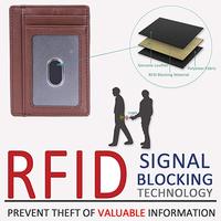Dompet kulit asli pria, krfid saku depan RFID, tempat kartu kredit tipis aman