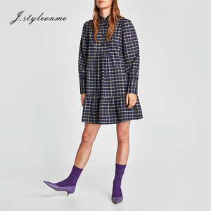 Casual manches longues plaid femmes chemise robes - Product Image 1