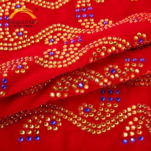 Most popular crystal rhinestone India women clothing red velvet dress dubai embroidery fabric