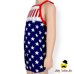 Robe Conception Enfants 4ème De Juillet Marine Étoile Rouge Rayé Dentelle Halter Infantile Bébé Fille Vintage Barboteuse - Product Image 4