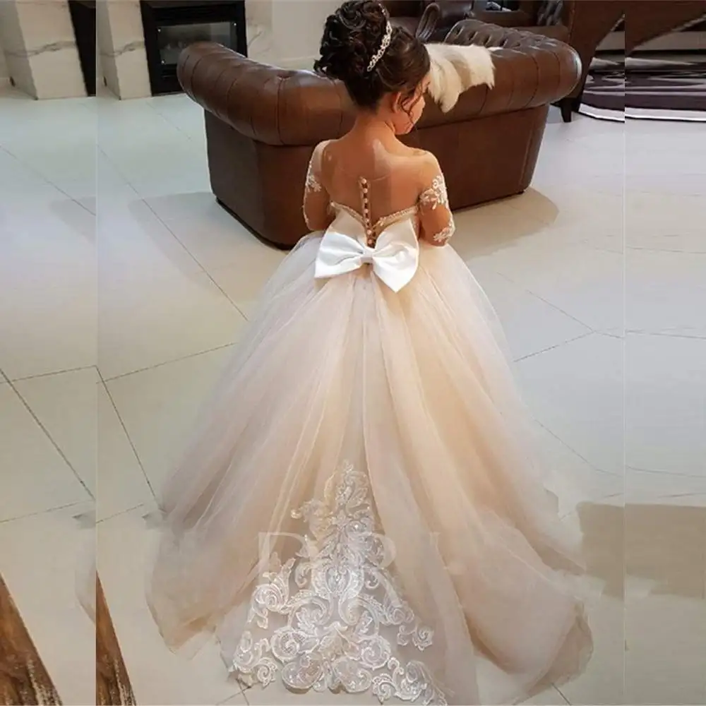 Morili Puffy große Größe appliziert Spitze Ballkleid Sheer Neck Langarm Appliques Kinder Hochzeit Blumen mädchen Kleider MFA295