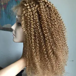 Bán Trực Tiếp Nhà Máy Mật Ong Blonde Trinh Mông Cổ Kinky Xoăn Tóc Con Người Full Lace Wig Với Tóc Em Bé