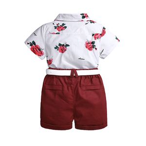 花柄シャツ弓付き + 赤パンツ + ベルトハンサムな子供服3個夏の男の子服セット卸売 - Product Image 4