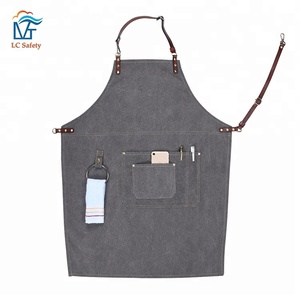 Restaurante <span class=keywords><strong>de</strong></span> moda personalizado delantal Denim con correas <span class=keywords><strong>de</strong></span> cuero - Product Image 1