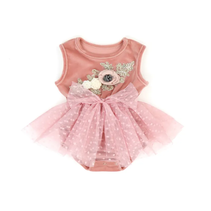 Hot Selling Baby Clothes Romper Peach Velvet Sleeveless Romper With Matching Headband