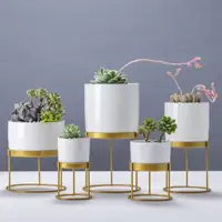 Vaso de flores criativo de cerâmica, vasos de plantas brancos com suporte de ferro