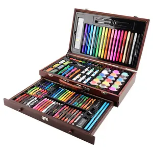 Perlengkapan menggambar kotak kayu peralatan seni menggambar Set seni dengan pena cat air lukisan pensil warna krayon minyak Pastel