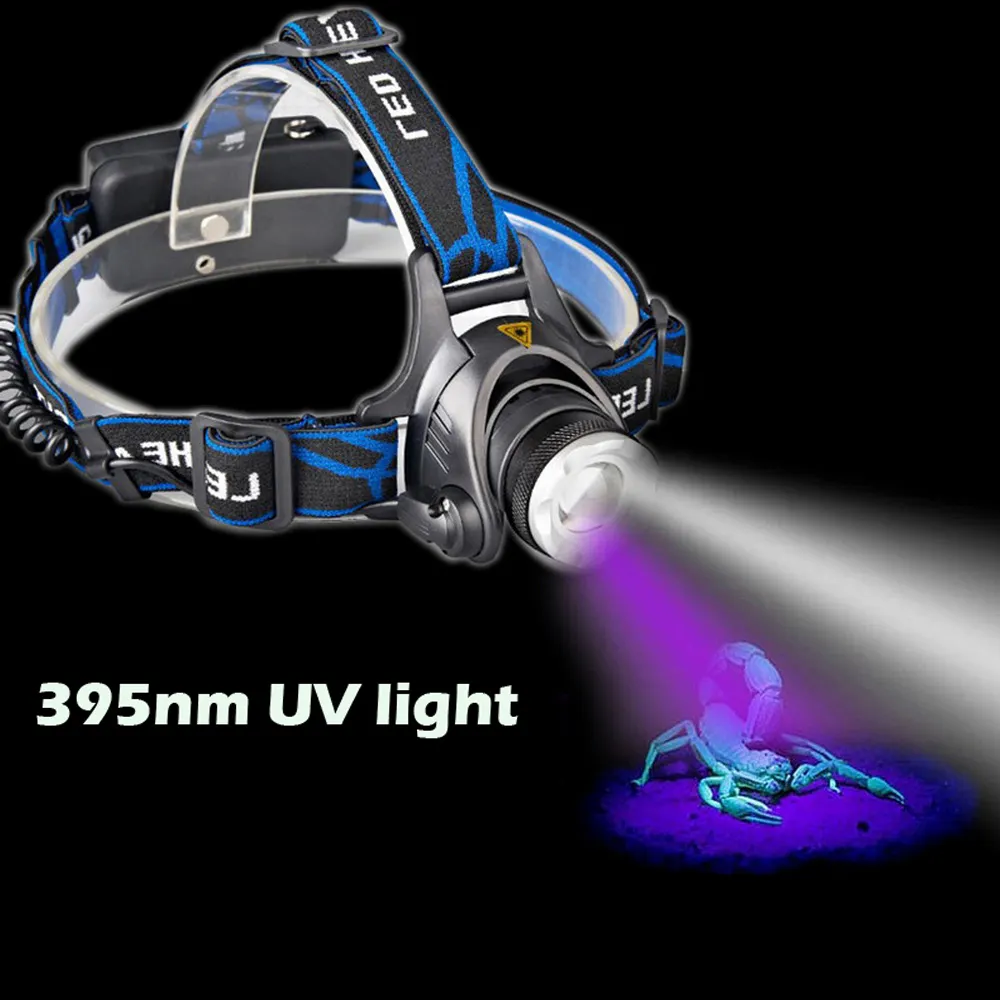 Водонепроницаемый перезаряжаемый налобный фонарь, налобный фонарь для ночной рыбалки с увеличением, Ультрафиолетовый налобный фонарь с черным светом