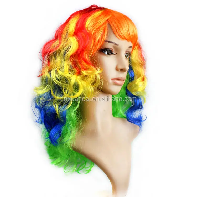 Europa Standaard Afro Haar Synthetisch Krullend Cosplay Pruiken Voor Vrouwen Lange Golf Regenboog Pruik