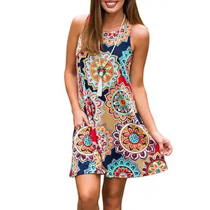 Ebay Hot Selling Frauen Element Druck Kleid Weiches Material Ärmelloses Rundhals-Freizeit kleid