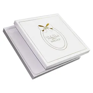 Custom Lid Base Style White Cake Gift Box with Gold Foiled Logo, Insert With Transparent PVC tray