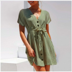 Simplee Dell'annata Delle Donne Breve Estate <span class=keywords><strong>Camicia</strong></span> <span class=keywords><strong>di</strong></span> Vestito <span class=keywords><strong>Con</strong></span> Scollo A V Manica Corta In Cotone <span class=keywords><strong>di</strong></span> <span class=keywords><strong>Lino</strong></span> Abiti Pulsante - Product Image 1