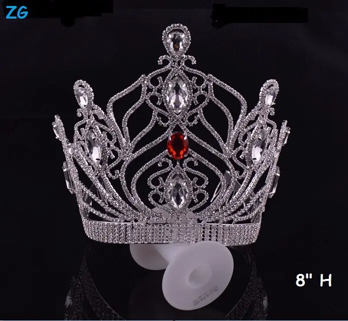 Corona de Reina del desfile de belleza de alta calidad con corona de princesa de cristal rojo para niñas