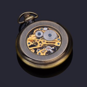 خمر نوع الميكانيكية الهيكل العظمي البرونزية النحاس المواد الرجال مواجهة مفتوحة ساعة جيب - Product Image 2