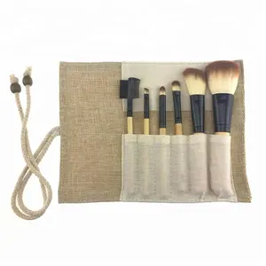 Conjunto de pincéis de maquiagem, kit com logotipo personalizado de bambu com bolsa eco vegan 6 peças