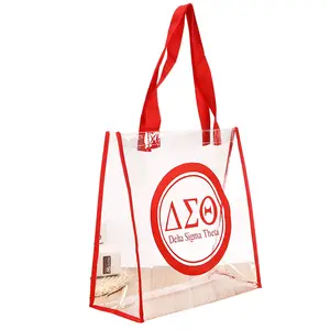 Promosyon özelleştirmek logo imprintwaterproof alışveriş çantası yüksek şeffaflık şeffaf pvc plastik şeffaf tote çanta olmayan dokuma kenar