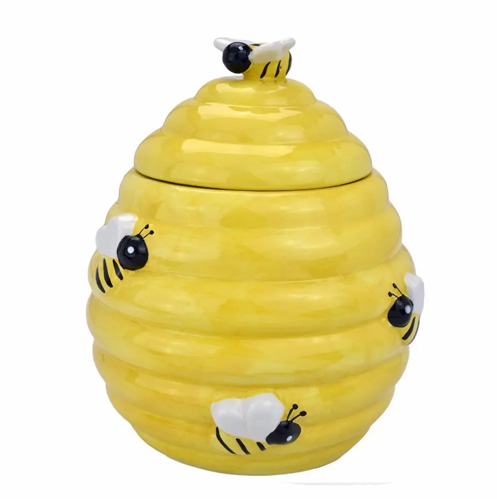 सजावटी पीले मधुमक्खी छत्रक के साथ डिजाइन सिरेमिक कुकी जार संभाल ढक्कन
