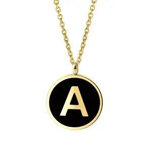 Stainless Steel Gold Plated Black Enamel Letter Pendant Jewelry Personalize Initial Necklace