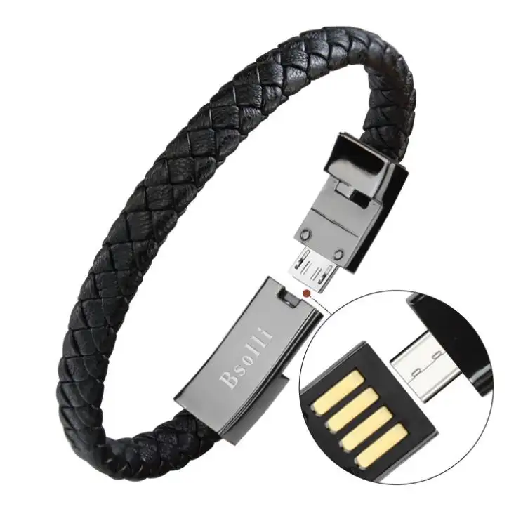 Outdoor Portable Leather Mini Micro USB Bracelet Charger Data Charging Cable Sync Cord For Android Type-C Phone Cable