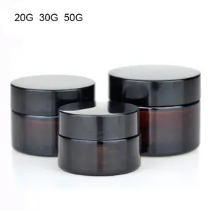 Groothandel 5G 10G 20G 30G 50G Crème Amber Glas Lege Gezicht Pot Met Zwarte Deksel huidverzorging Verpakking Cosmetica Containers