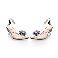 Sandales transparentes à talon compensé pour femmes, style escarpins à bout ouvert avec fleurs et strass