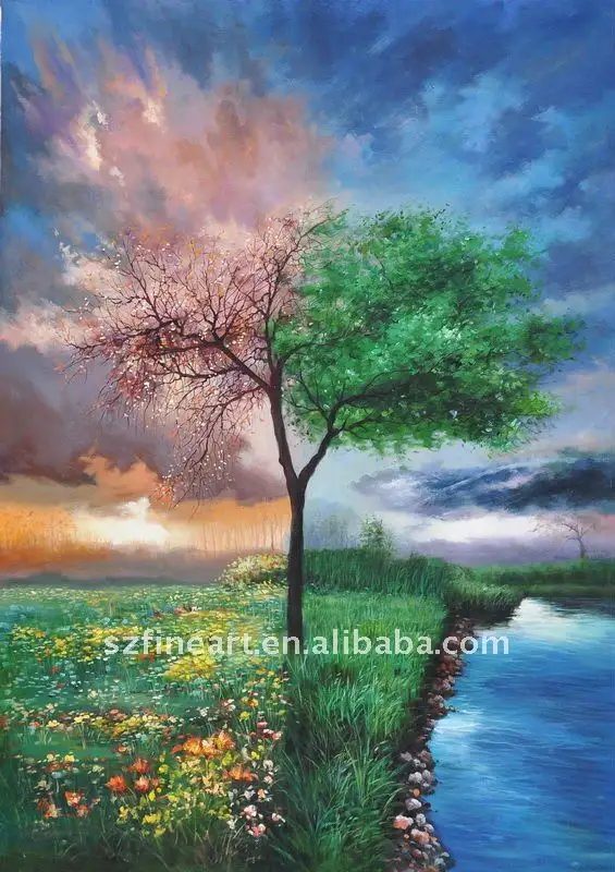 Pintura de arte sobre lienzo de paisaje natural hermoso de alta calidad, primavera y verano