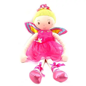 Bambola fata di peluche angelo di colore rosso con capelli e ali di lana gialla