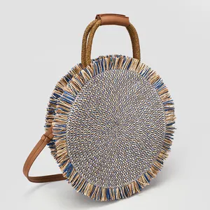 Bolsa de palha redonda grande estilo franja, sacola de praia redonda para mulheres, sacola de tecido de praia com franjas, novidade da moda