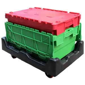 QS60Lプラスチック製移動クレートネストスタックボックスターンオーバープラスチックビンプラスチックトートボックス、倉庫輸送用ヒンジ付き蓋付き