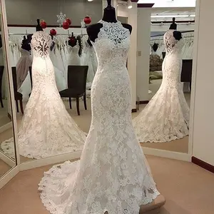 Ll083 tuyệt đẹp ren <span class=keywords><strong>Wedding</strong></span> <span class=keywords><strong>Dresses</strong></span> Halter trumpet Thiết kế áo cưới không tay trở lại nút bàn chải Train Bridal <span class=keywords><strong>Dresses</strong></span> - Product Image 1