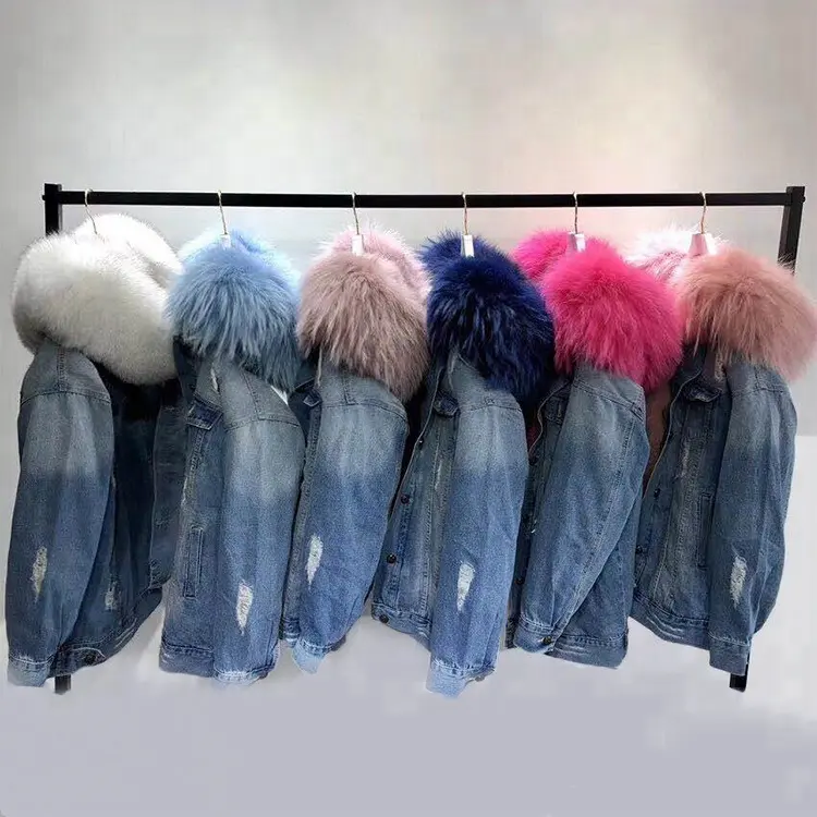 Fashion outdoor windbreaker jeans fur jacket genuine fox fur lining Jacket women winter thick warm denim coats with fur hood