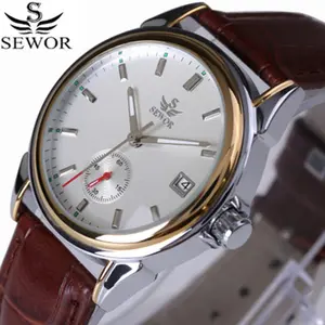 SEWOR 025 אוטומטי עור Mens שעון אנלוגי לוח שנה אופנה מכאני שעונים גברים