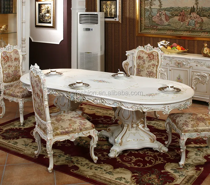 OE-FASHIONバロコスタイルホワイト無垢材彫刻ダイニングテーブル家庭用家具用
