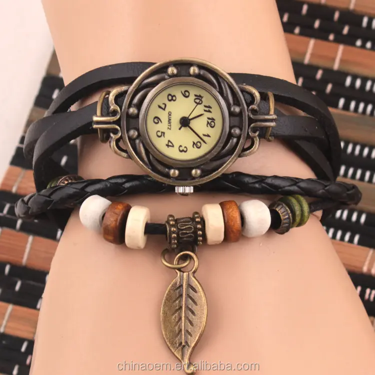 Drop SHIPPING 6Colors Original High Quality Women Genuine Leather Vintage Watch Antique Bracelet Wristwatches With Leaf Pendent