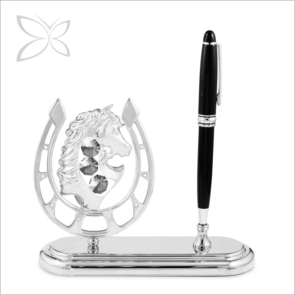 Crystocraft Chrome Plated Horse head with Horseshoe Decorated with Brilliant Cut Crystals Promotional Pen Stand