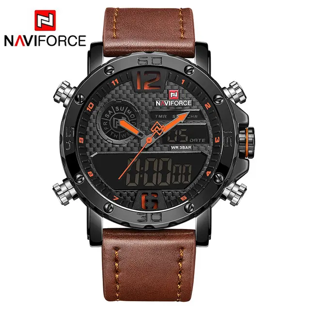 Naviforce 9134 yeni erkekler spor saatler batı lüks marka erkek deri Quartz saat erkek Led Analog dijital saat