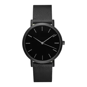 2017 Nieuwe Ontwerp Lederen Band Alle Zwarte Horloge Merk Uw Eigen Minimalistische Horloges Japan Beweging Analoge Quartz Slanke Horloges