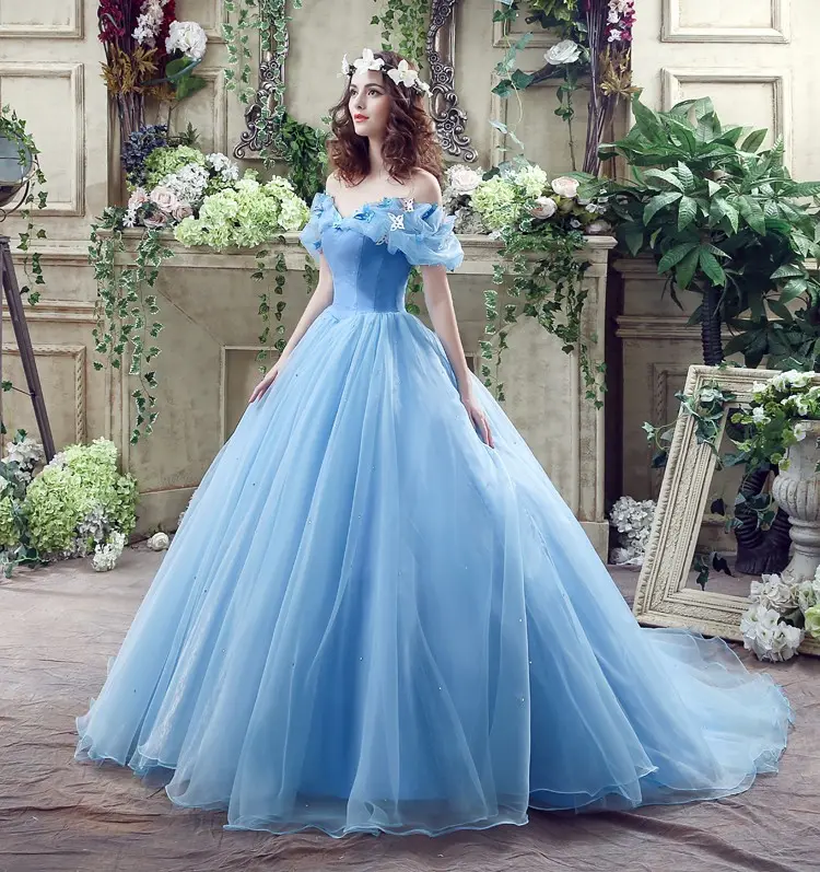 Prinses baljurk off-schouder cinderella blue wedding dress bridal met corset terug