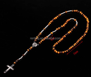 Croce e perline pietra <span class=keywords><strong>rosario</strong></span> con perline occhio di tigre <span class=keywords><strong>collana</strong></span> in <span class=keywords><strong>acciaio</strong></span> inossidabile perline di pietra naturale collane lunghe - Product Image 2