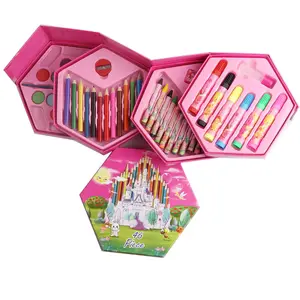 थोक कला सेट बच्चों रंग के कागज-वापस स्कूल स्टेशनरी हेक्सागोनल रंग बॉक्स के साथ 46 PCS कला रंग सेट बच्चों के लिए