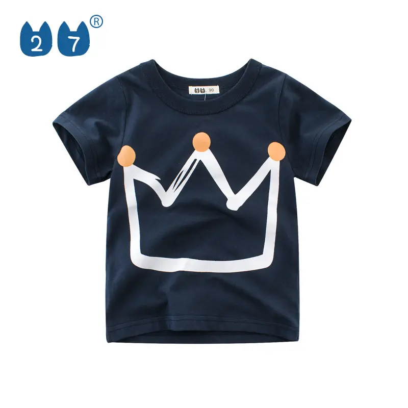 T-shirt à col rond pour enfants, vêtements pour garçons, imprimé couronne, style coréen, photo réelle, collection 100%