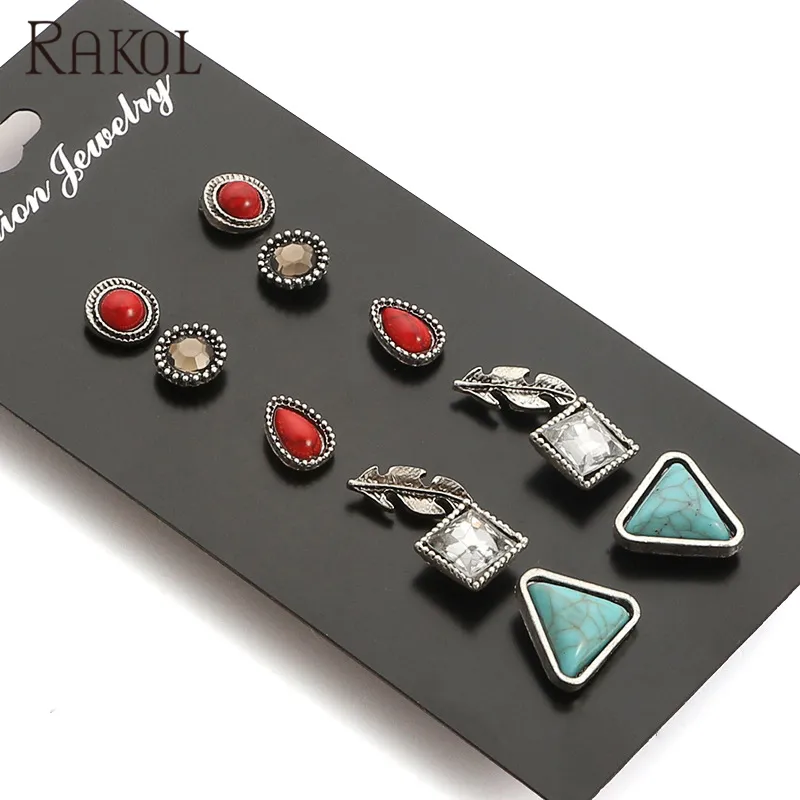 RAKOL SE033 6 paare/satz Vintage Kristalls chmuck Boho Türkis Dreieck Ohr stecker Droplet Female Fashion Femme