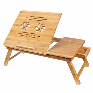竹製ラップトップデスク折りたたみ式朝食サービングベッドトレイ引き出し付き