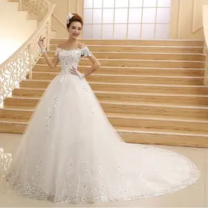 Uit De Schouder Geappliceerd Kralen Kathedraal Trein Goedkope Wit Ivoor Plus Size Baljurk Bridal Trouwjurken MWA119