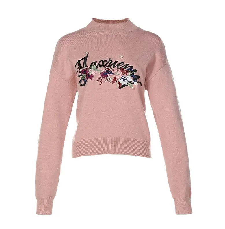 Ricamo perline Appliques o-collo manica lunga fiore Appliques maglione stretto Pullover maglione floreale donna