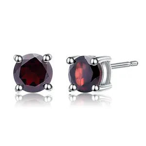 Abiding round natural red garnet gemstone 925 sterling silver stud earring jewelry for women fashion earring